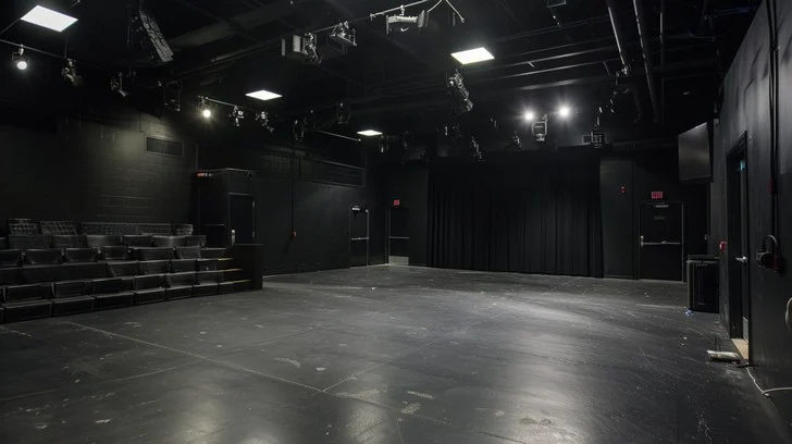 Empty black box theater stage with dramatic spotlight for strategic planning.